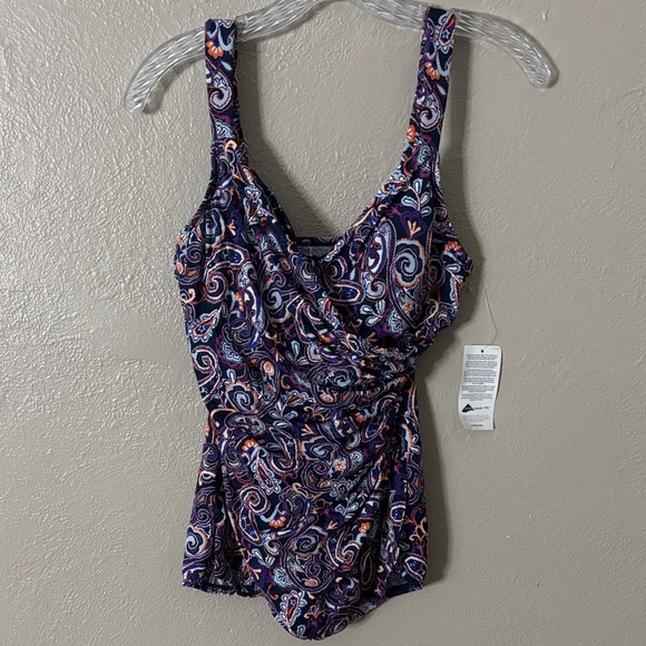 Lands End Swim Women’s One Piece Swim Dress Paisley Navy 6